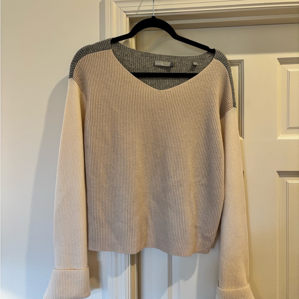 Vince Two-Tone V-Neck Sweater in Gray and Cream